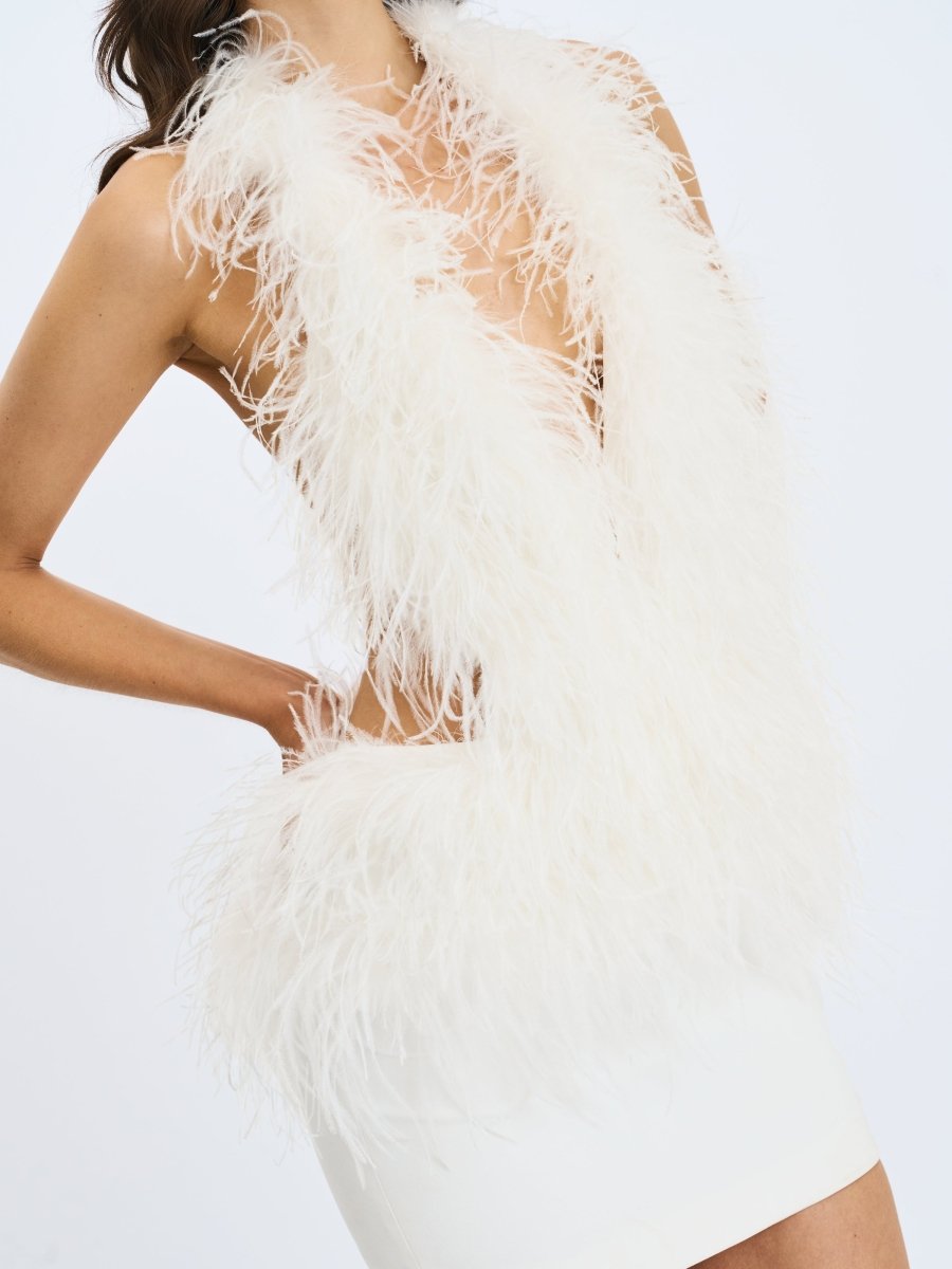 Quisten White Feathered Plunging Halter Mini Dress - HOUSE OF SHE