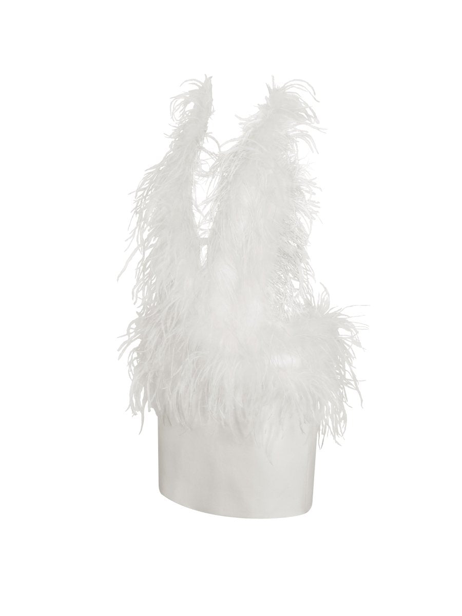 Quisten White Feathered Plunging Halter Mini Dress - HOUSE OF SHE