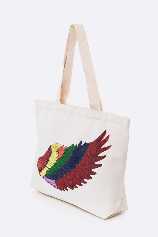 Rainbow Sequins Wing Patch Canvas Tote Bag - HOUSE OF SHE