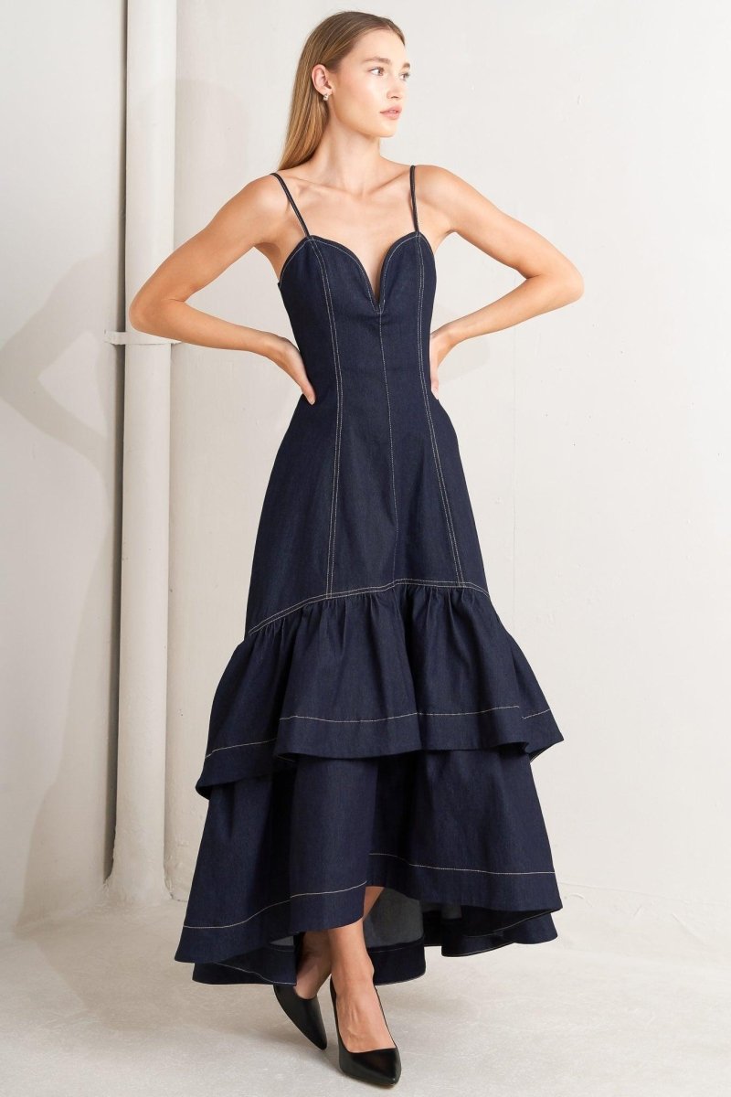 RAW ELEGANCE DENIM MIDI DRESS - HOUSE OF SHE