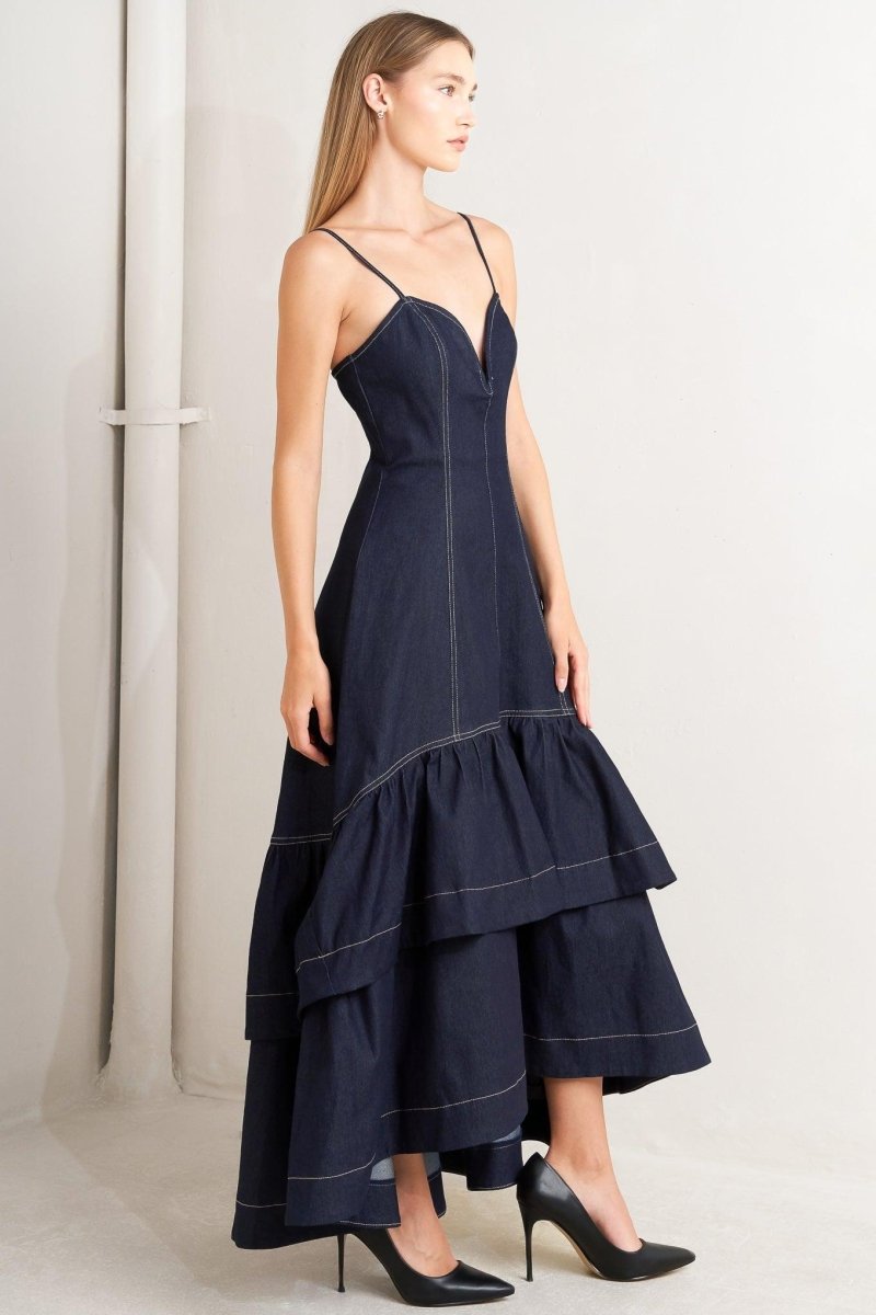 RAW ELEGANCE DENIM MIDI DRESS - HOUSE OF SHE