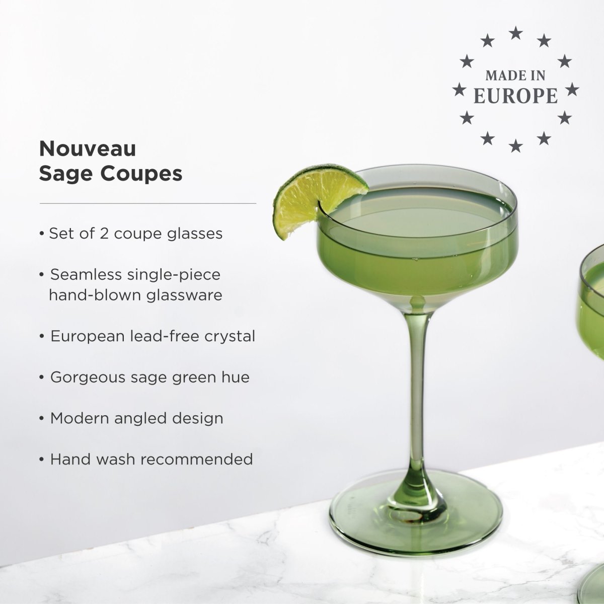 Reserve Nouveau Crystal Coupe Glasses in Sage Set of 2 - HOUSE OF SHE