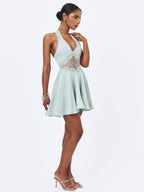 Rianna Light Sage Crinkle Satin Halter Mini Dress - HOUSE OF SHE