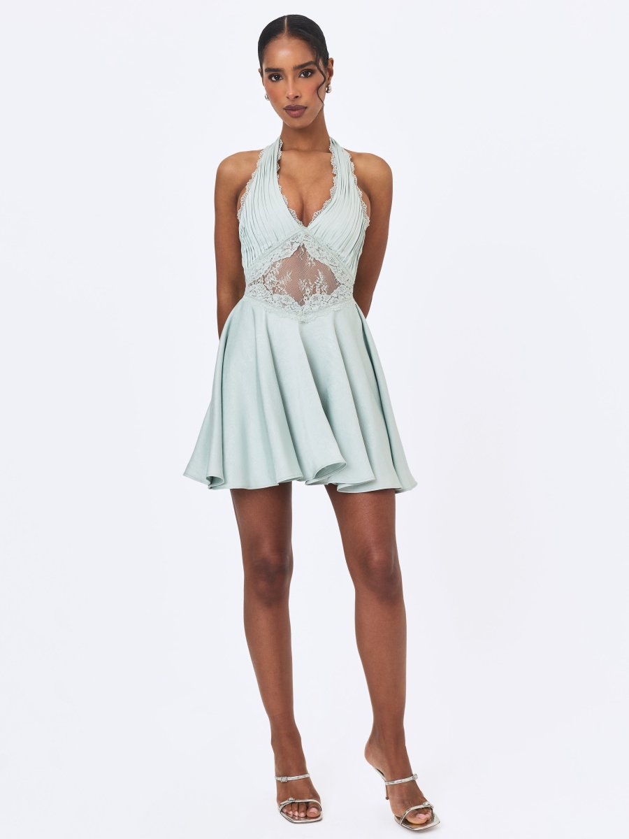 Rianna Light Sage Crinkle Satin Halter Mini Dress - HOUSE OF SHE