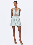 Rianna Light Sage Crinkle Satin Halter Mini Dress - HOUSE OF SHE