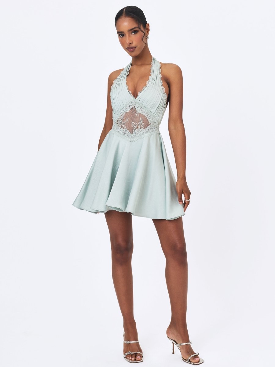 Rianna Light Sage Crinkle Satin Halter Mini Dress - HOUSE OF SHE