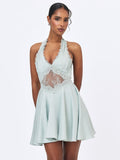 Rianna Light Sage Crinkle Satin Halter Mini Dress - HOUSE OF SHE