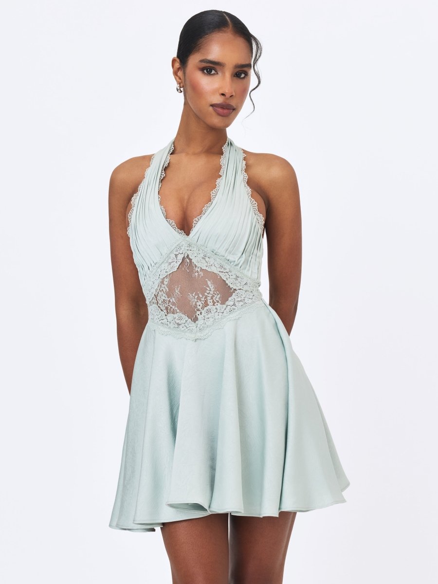 Rianna Light Sage Crinkle Satin Halter Mini Dress - HOUSE OF SHE