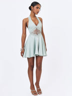 Rianna Light Sage Crinkle Satin Halter Mini Dress - HOUSE OF SHE