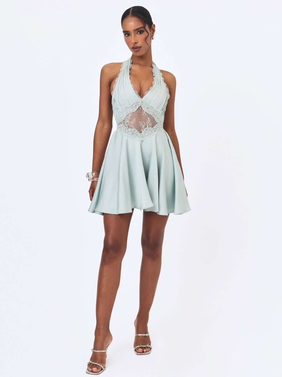 Rianna Light Sage Crinkle Satin Halter Mini Dress - HOUSE OF SHE