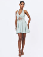 Rianna Light Sage Crinkle Satin Halter Mini Dress - HOUSE OF SHE