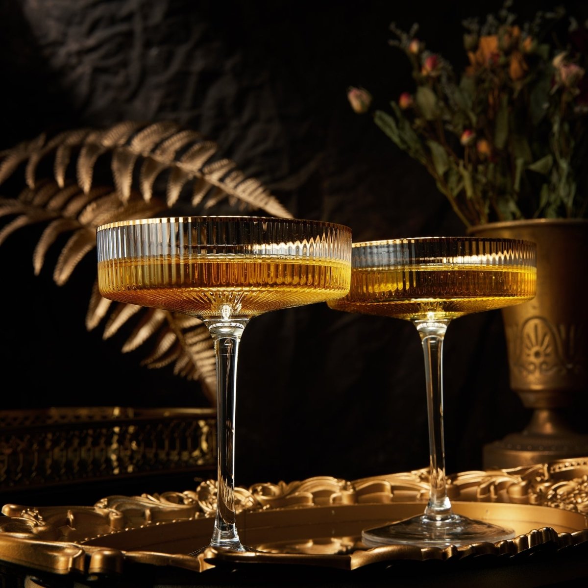 Ribbed Coupe Cocktail Glasses With Gold Rim 8 Oz Set Of 2 Classic Manhattan Glasses For Cocktails Li - HOUSE OF SHE