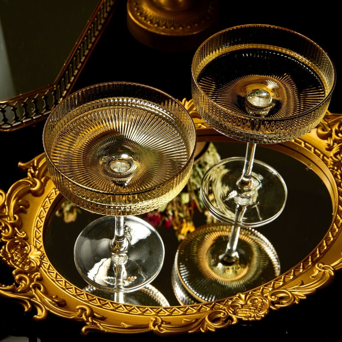 Ribbed Coupe Cocktail Glasses With Gold Rim 8 Oz Set Of 2 Classic Manhattan Glasses For Cocktails Li - HOUSE OF SHE