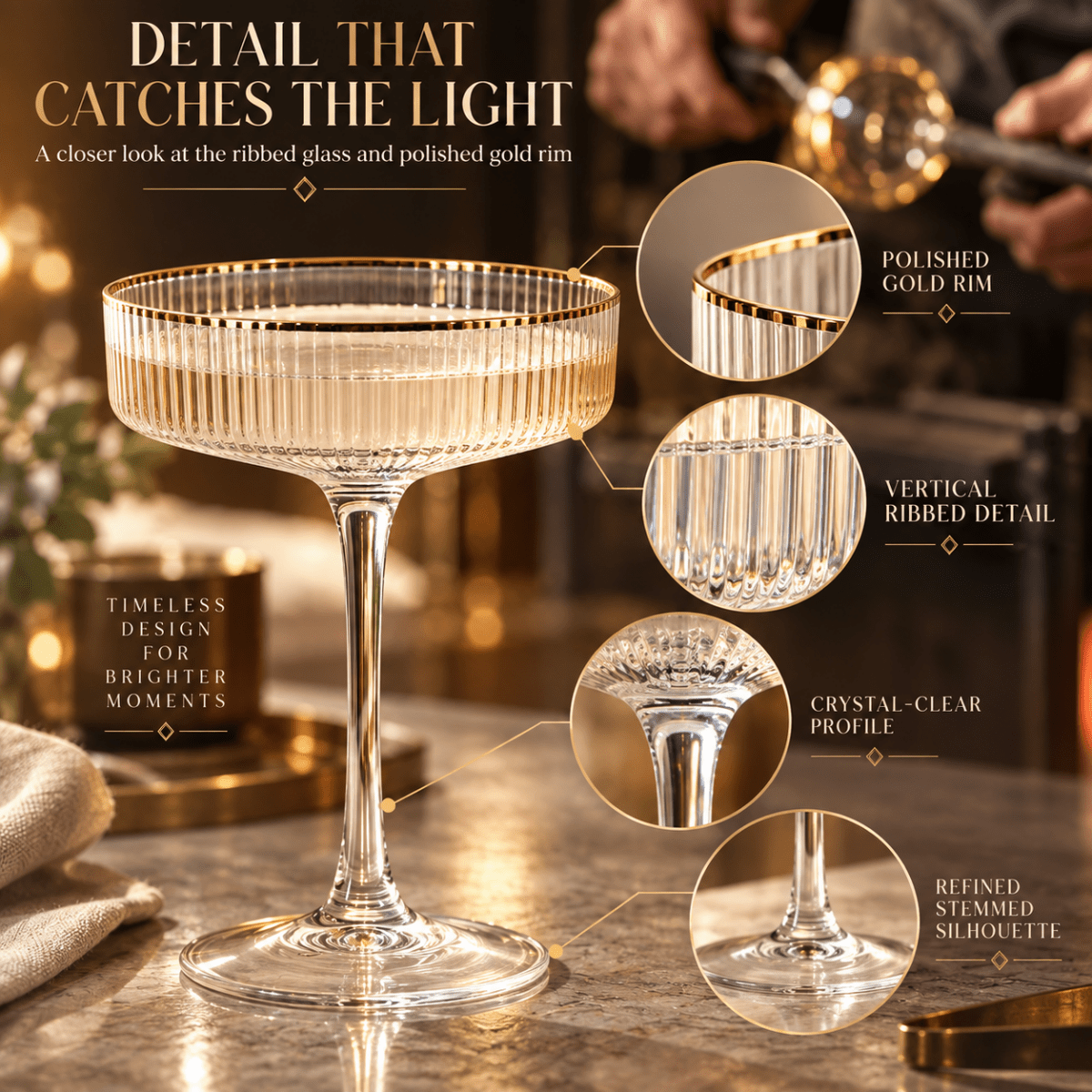 Ribbed Coupe Cocktail Glasses With Gold Rim 8 Oz Set Of 4 Classic Manhattan Glasses For Cocktails Li - HOUSE OF SHE