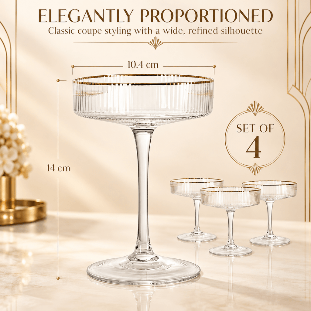 Ribbed Coupe Cocktail Glasses With Gold Rim 8 Oz Set Of 4 Classic Manhattan Glasses For Cocktails Li - HOUSE OF SHE