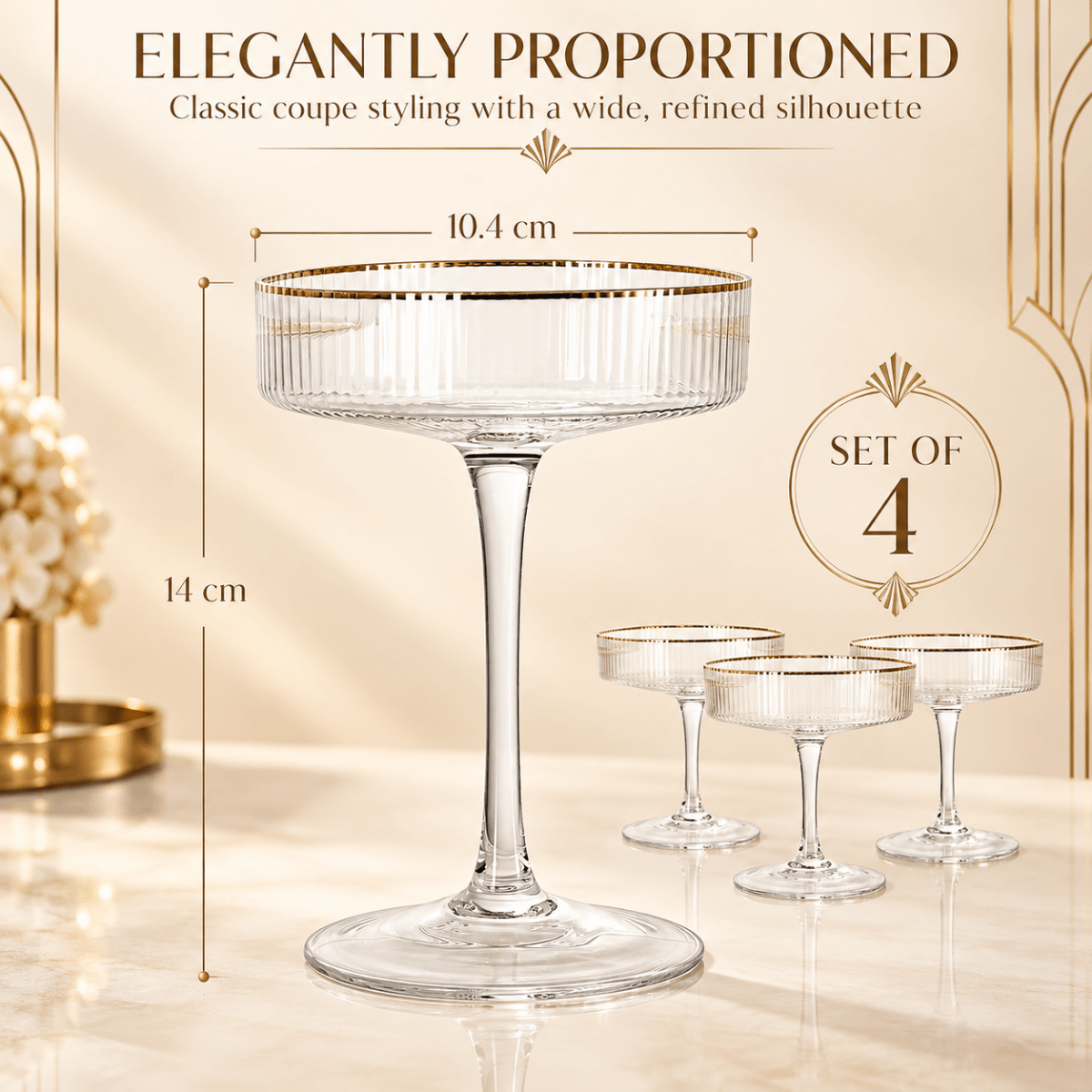 Ribbed Coupe Cocktail Glasses With Gold Rim 8 Oz Set Of 4 Classic Manhattan Glasses For Cocktails Li - HOUSE OF SHE