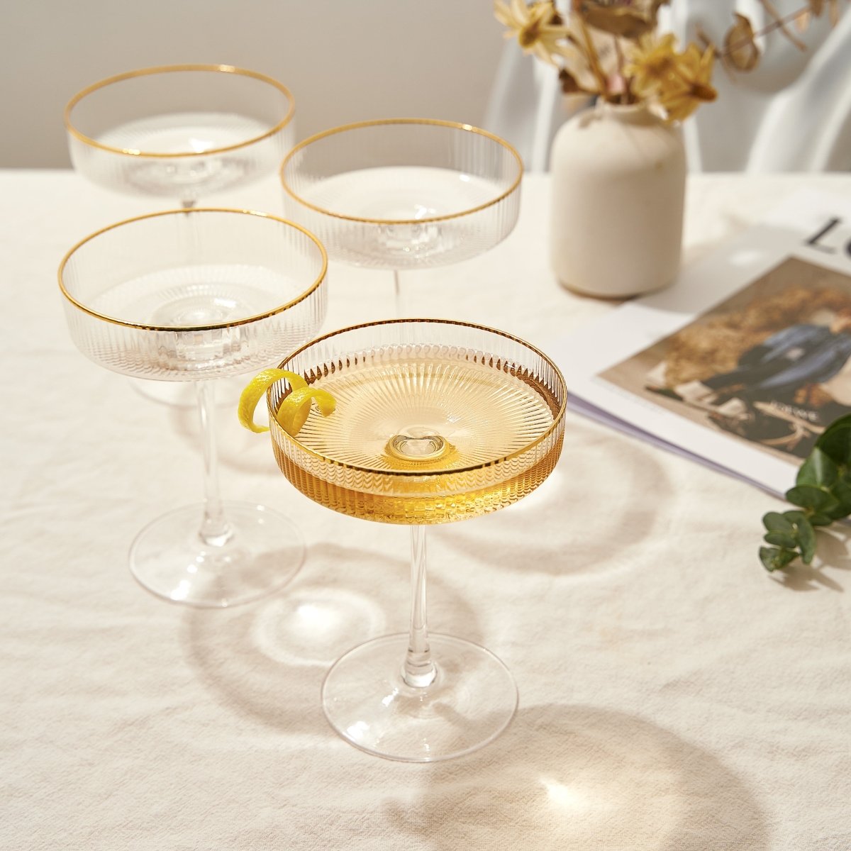 Ribbed Coupe Cocktail Glasses With Gold Rim 8 Oz Set Of 4 Classic Manhattan Glasses For Cocktails Li - HOUSE OF SHE