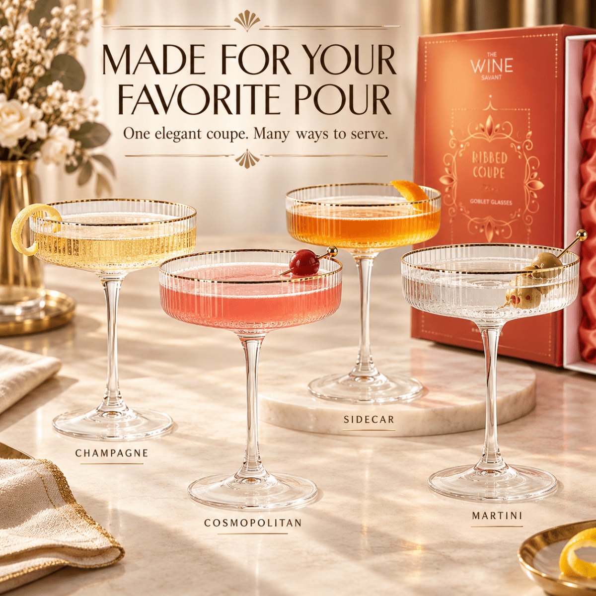Ribbed Coupe Cocktail Glasses With Gold Rim 8 Oz Set Of 4 Classic Manhattan Glasses For Cocktails Li - HOUSE OF SHE