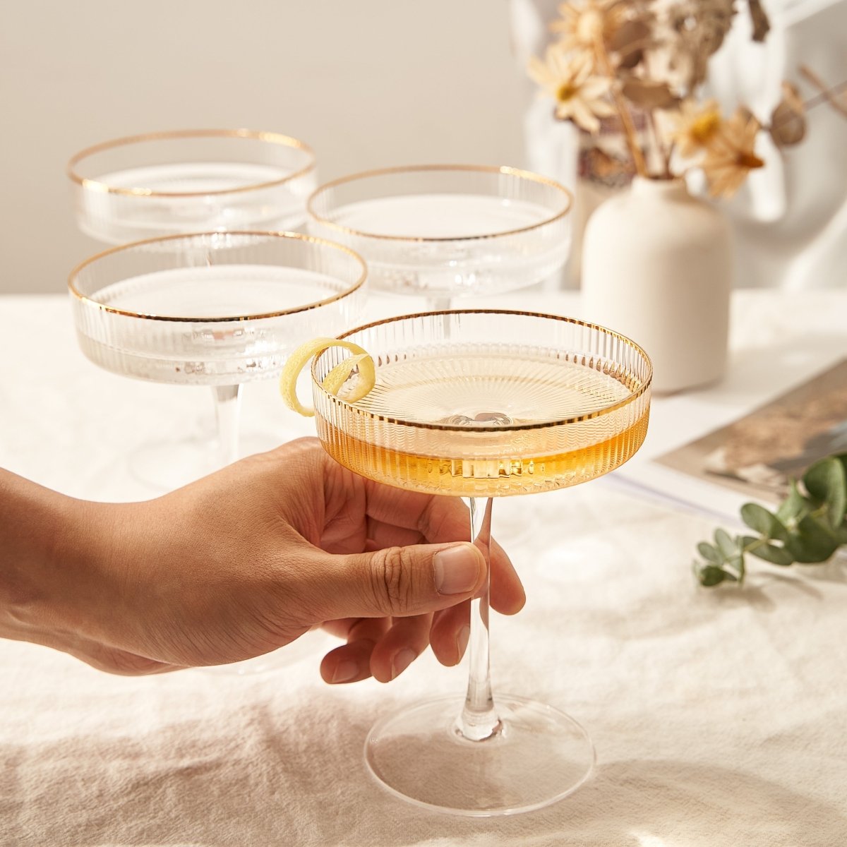 Ribbed Coupe Cocktail Glasses With Gold Rim 8 Oz Set Of 4 Classic Manhattan Glasses For Cocktails Li - HOUSE OF SHE