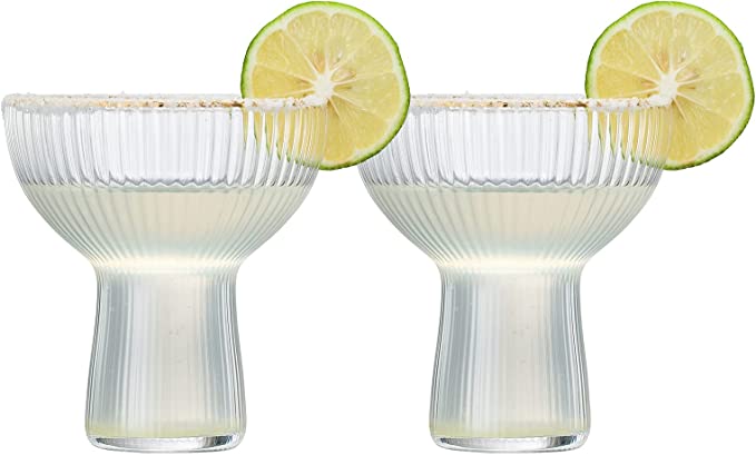 Ribbed Stemless Margarita Glasses With Gold Rim Set Of 2 Hand Blown Luxury Coupe Cocktail Martini Ch - HOUSE OF SHE