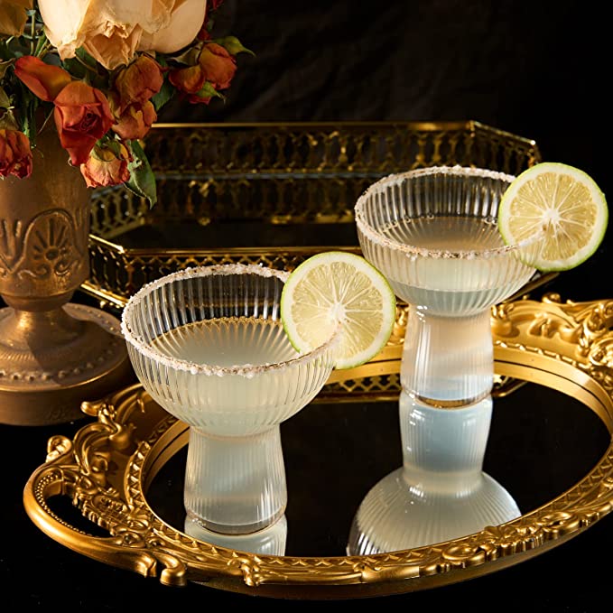 Ribbed Stemless Margarita Glasses With Gold Rim Set Of 2 Hand Blown Luxury Coupe Cocktail Martini Ch - HOUSE OF SHE