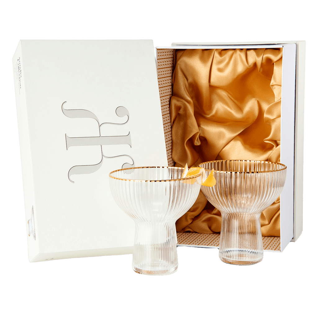 Ribbed Stemless Margarita Glasses With Gold Rim Set Of 2 Hand Blown Luxury Coupe Cocktail Martini Ch - HOUSE OF SHE