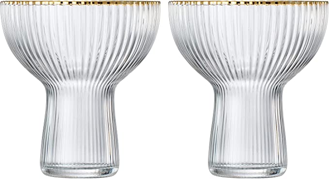 Ribbed Stemless Margarita Glasses With Gold Rim Set Of 2 Hand Blown Luxury Coupe Cocktail Martini Ch - HOUSE OF SHE