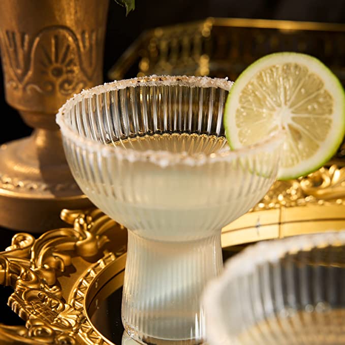 Ribbed Stemless Margarita Glasses With Gold Rim Set Of 2 Hand Blown Luxury Coupe Cocktail Martini Ch - HOUSE OF SHE