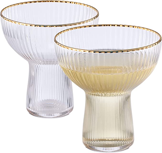 Ribbed Stemless Margarita Glasses With Gold Rim Set Of 2 Hand Blown Luxury Coupe Cocktail Martini Ch - HOUSE OF SHE