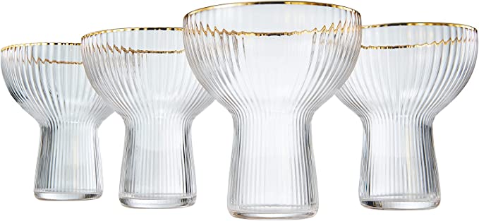 Ribbed Stemless Margarita Glasses With Gold Rim Set Of 4 Hand Blown Luxury Coupe Cocktail Martini Ch - HOUSE OF SHE