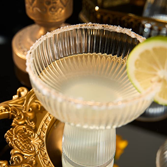 Ribbed Stemless Margarita Glasses With Gold Rim Set Of 4 Hand Blown Luxury Coupe Cocktail Martini Ch - HOUSE OF SHE