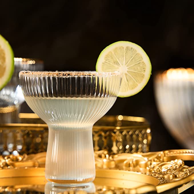 Ribbed Stemless Margarita Glasses With Gold Rim Set Of 4 Hand Blown Luxury Coupe Cocktail Martini Ch - HOUSE OF SHE
