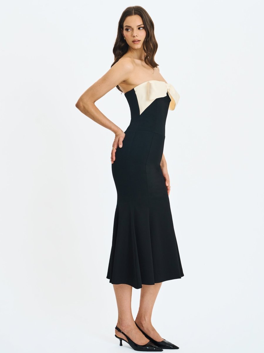 Saige Black Mermaid Maxi Dress with Ivory Bow Bustline - HOUSE OF SHE