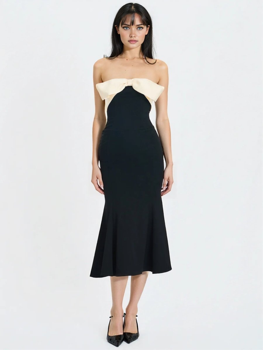 Saige Black Mermaid Maxi Dress with Ivory Bow Bustline - HOUSE OF SHE