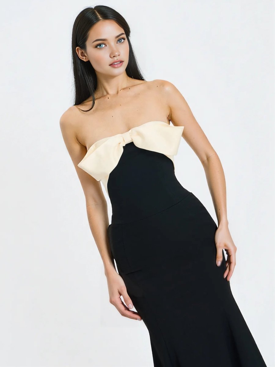 Saige Black Mermaid Maxi Dress with Ivory Bow Bustline - HOUSE OF SHE