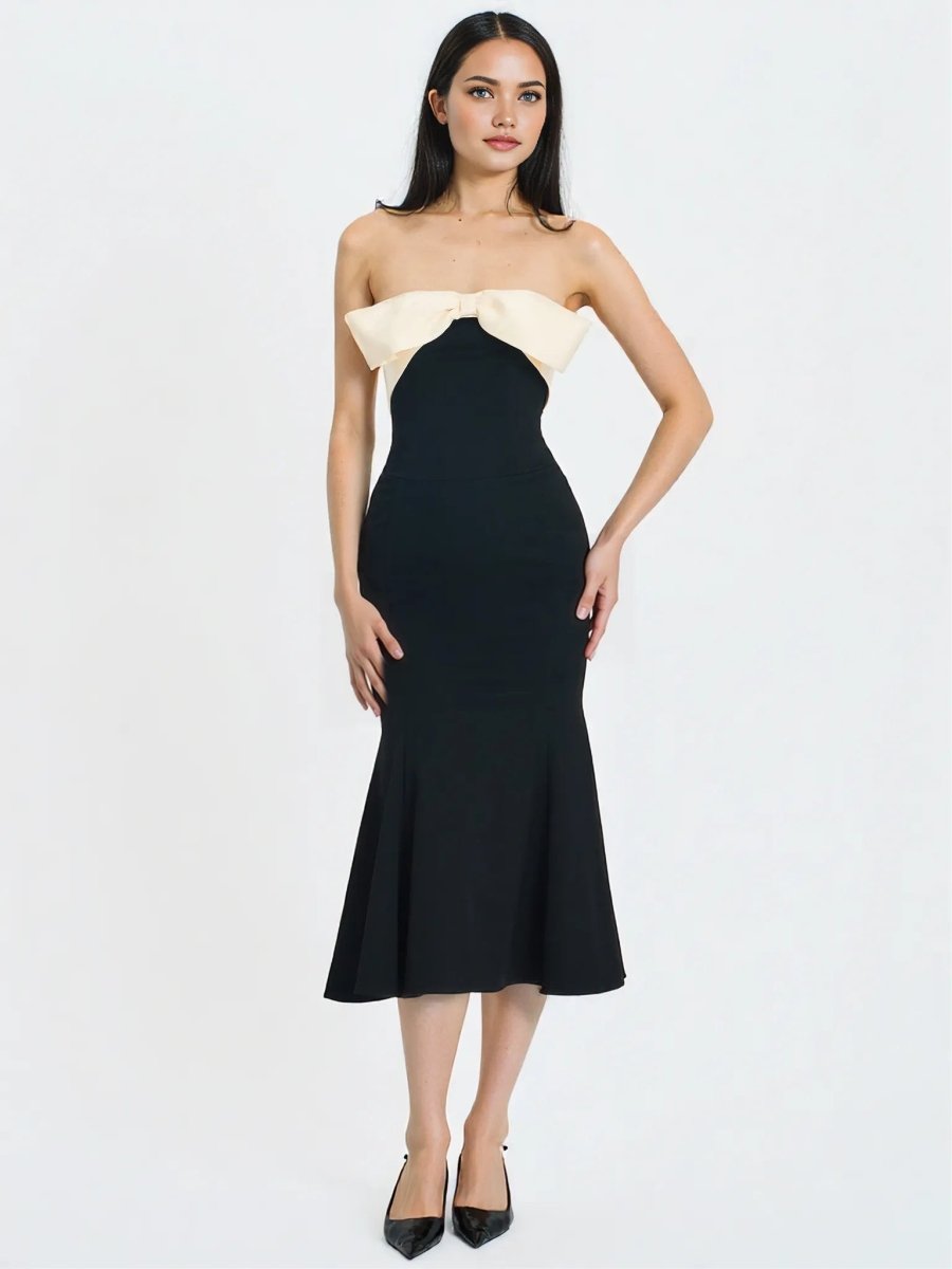 Saige Black Mermaid Maxi Dress with Ivory Bow Bustline - HOUSE OF SHE