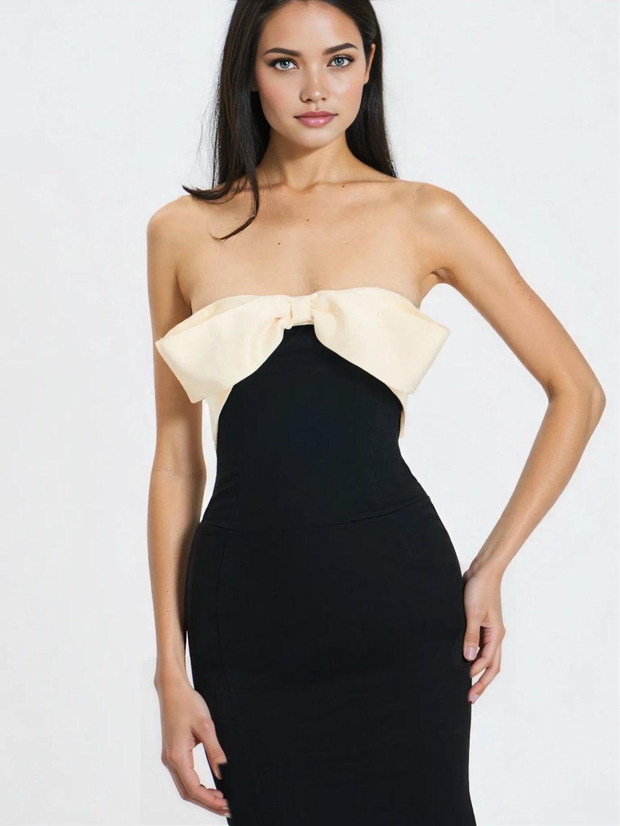 Saige Black Mermaid Maxi Dress with Ivory Bow Bustline - HOUSE OF SHE