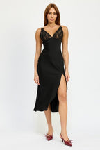 Satin Lace Cami Midi Dress With Slit - HOUSE OF SHE