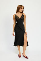 Satin Lace Cami Midi Dress With Slit - HOUSE OF SHE