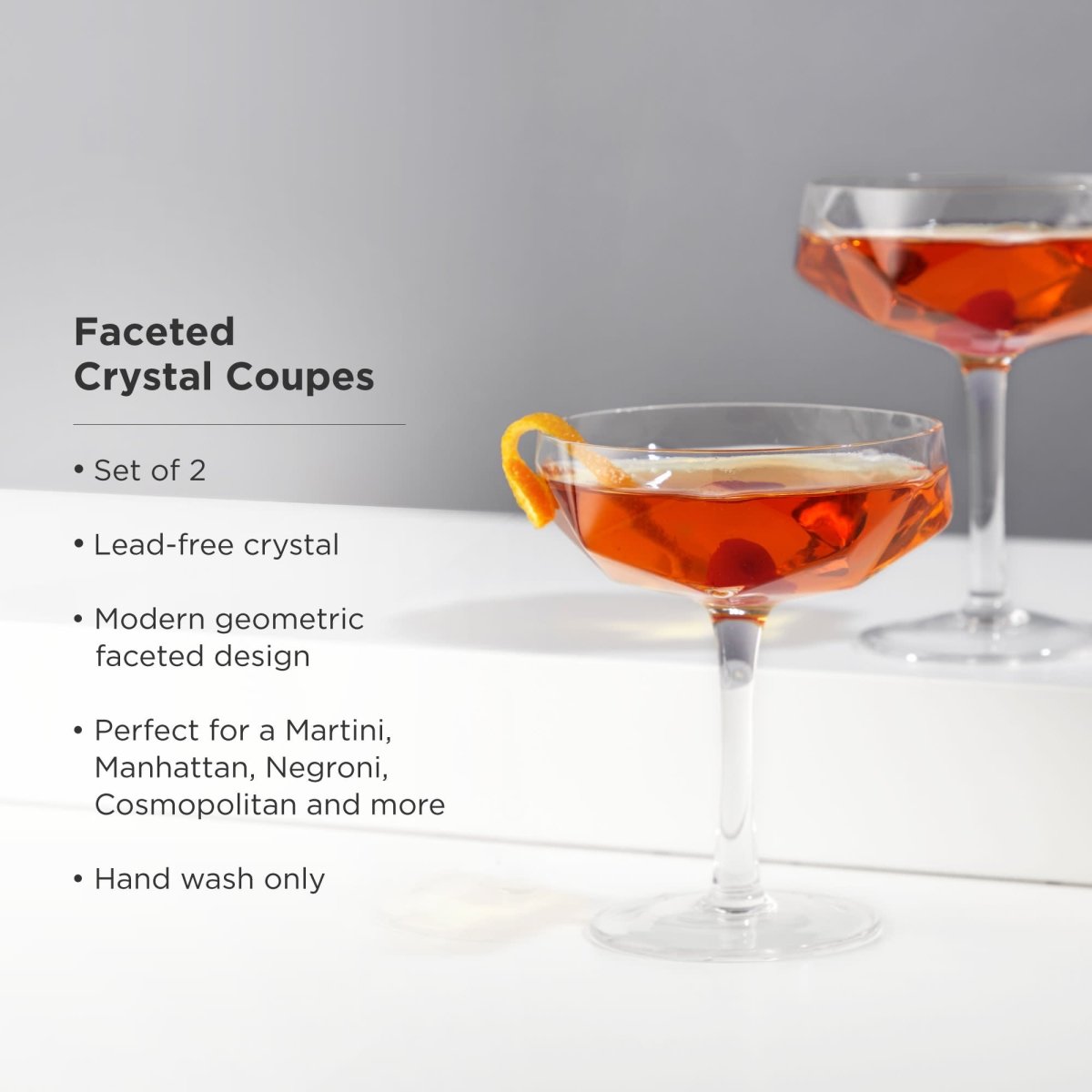 Seneca Faceted Coupe Glasses Set of 2 - HOUSE OF SHE
