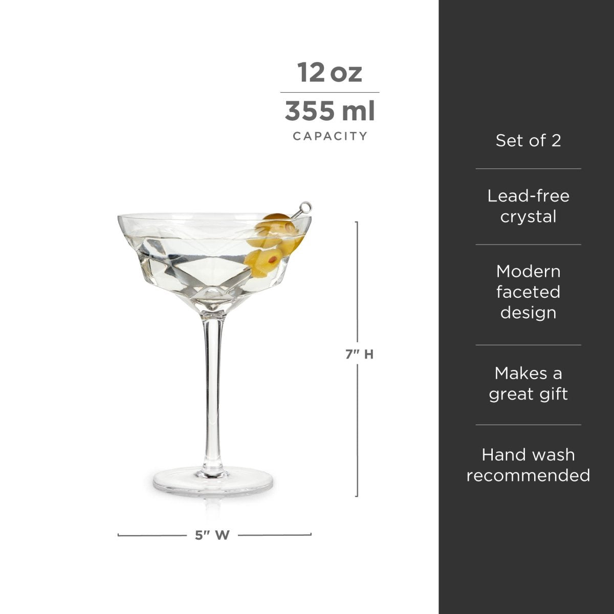 Seneca Faceted Crystal Martini Glasses Set of 2 - HOUSE OF SHE