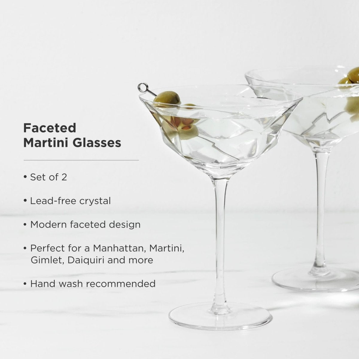 Seneca Faceted Crystal Martini Glasses Set of 2 - HOUSE OF SHE