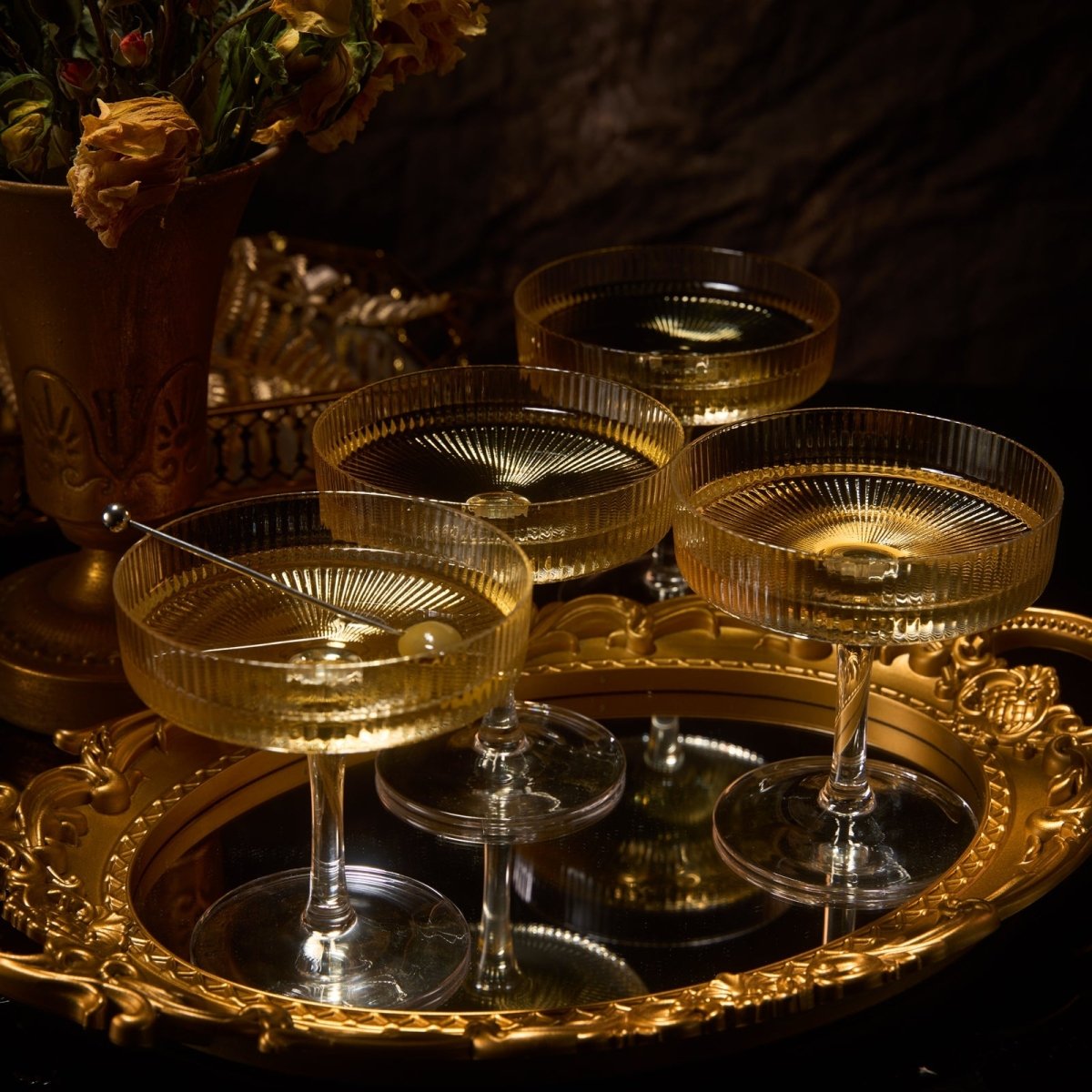 Set Of 4 Ripple Ribbed Champagne Coupe Glasses By Prosecco Mimosa Sherbet Sparkling - HOUSE OF SHE