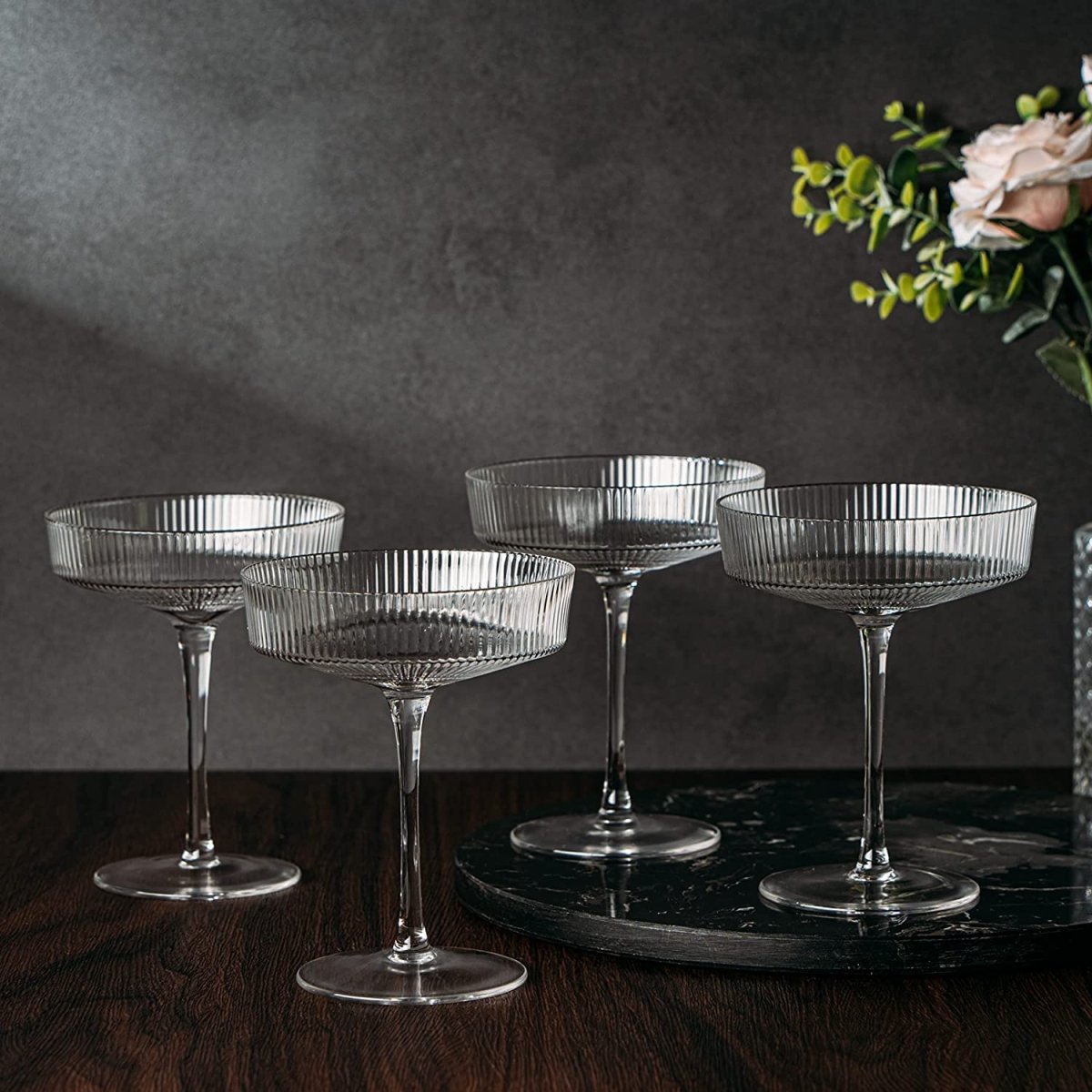 Set Of 4 Ripple Ribbed Champagne Coupe Glasses By Prosecco Mimosa Sherbet Sparkling - HOUSE OF SHE