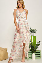 Sia Floral Ruffle Satin Dress - HOUSE OF SHE