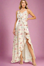 Sia Floral Ruffle Satin Dress - HOUSE OF SHE
