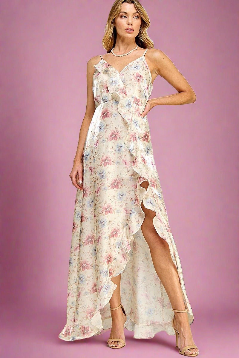 Sia Floral Ruffle Satin Dress - HOUSE OF SHE