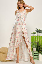 Sia Floral Ruffle Satin Dress - HOUSE OF SHE