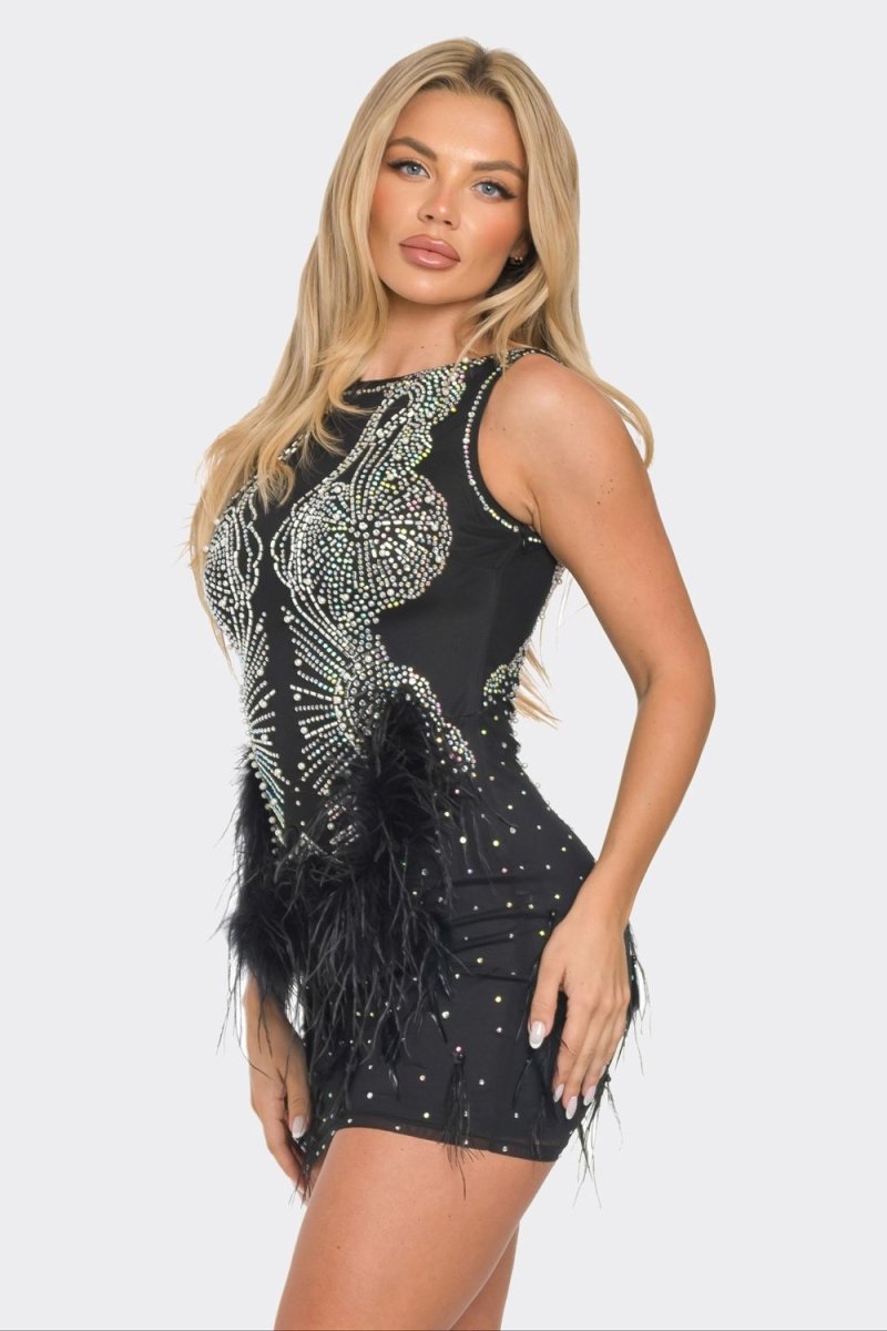 Sienna Rhinestone Feathered Mini Dress - HOUSE OF SHE