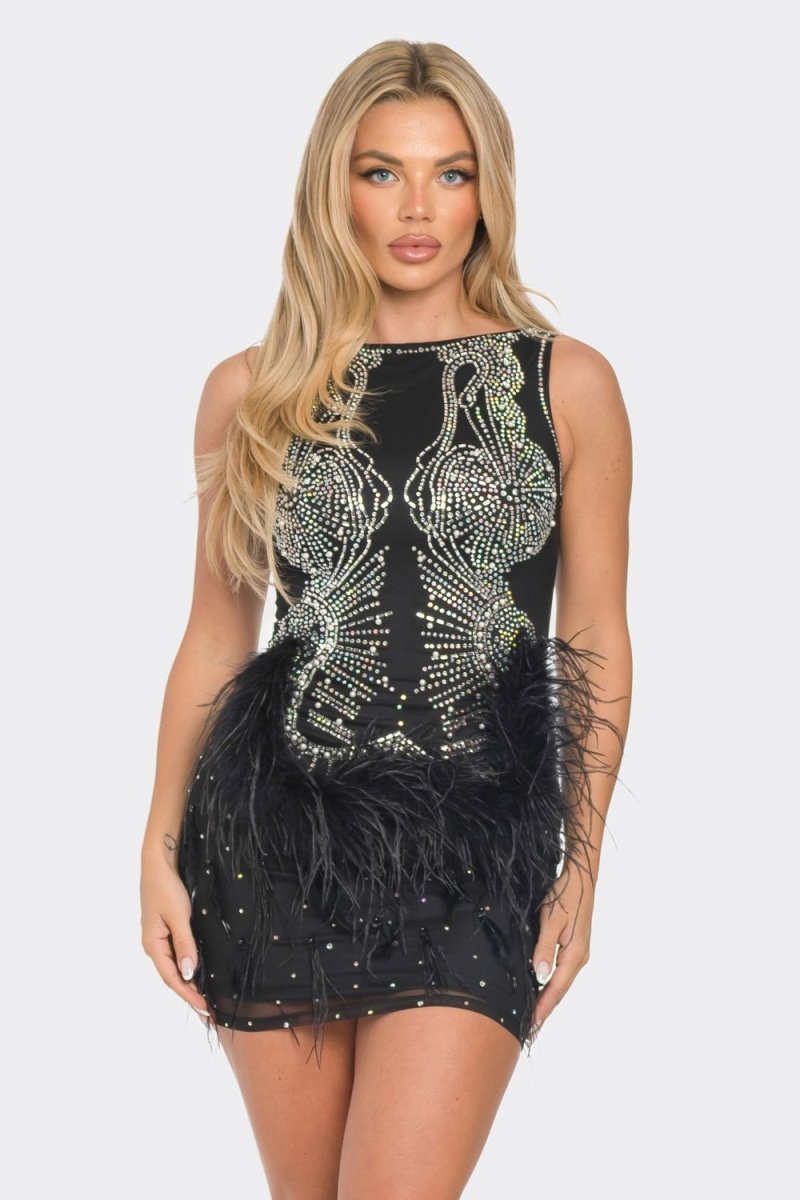 Sienna Rhinestone Feathered Mini Dress - HOUSE OF SHE